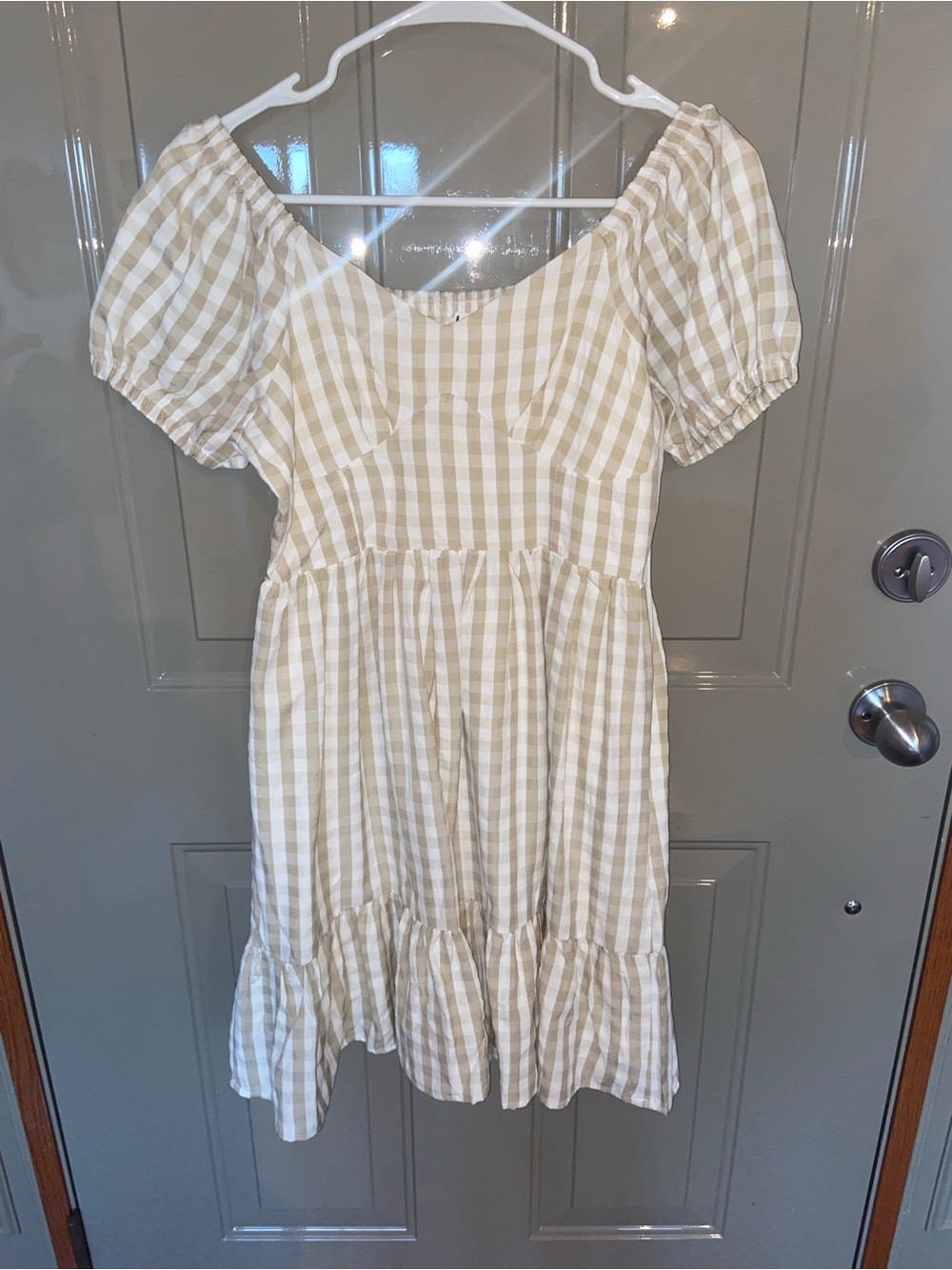 Beige Gingham Puff-Sleeve Womens Dress